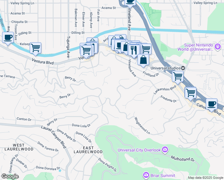 map of restaurants, bars, coffee shops, grocery stores, and more near 3633 Wrightwood Drive in Los Angeles