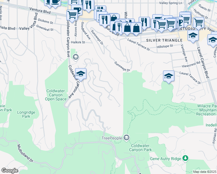 map of restaurants, bars, coffee shops, grocery stores, and more near 3637 Avenida Del Sol in Los Angeles