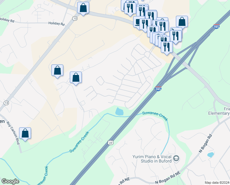 map of restaurants, bars, coffee shops, grocery stores, and more near 5616 Sweetwater Trail in Buford