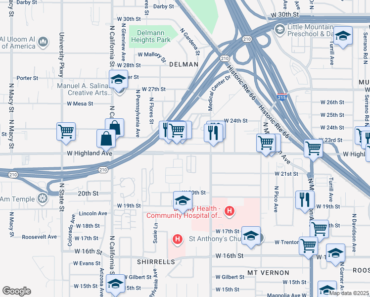 map of restaurants, bars, coffee shops, grocery stores, and more near 1700 West Highland Avenue in San Bernardino