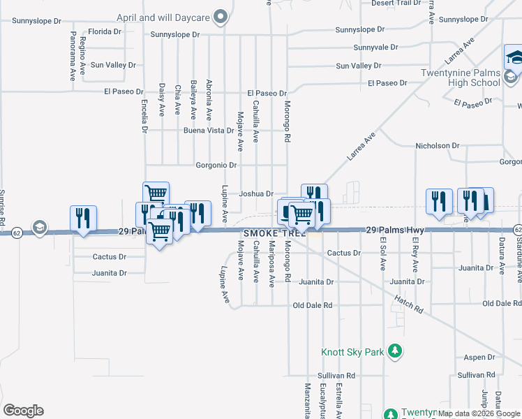 map of restaurants, bars, coffee shops, grocery stores, and more near 6443 Cahuilla Avenue in Twentynine Palms