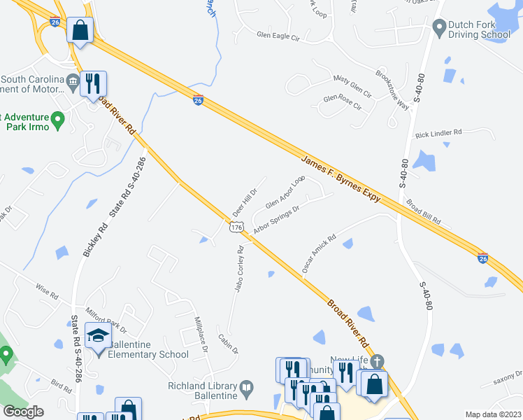 map of restaurants, bars, coffee shops, grocery stores, and more near 232 Glen Arbor Loop in Irmo