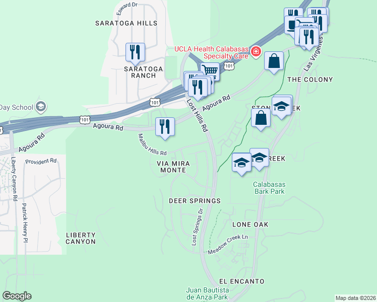map of restaurants, bars, coffee shops, grocery stores, and more near 26841 Hot Springs Place in Agoura Hills
