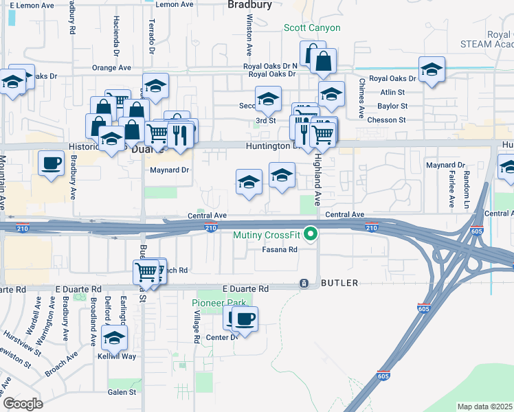 map of restaurants, bars, coffee shops, grocery stores, and more near 1565 Central Avenue in Duarte