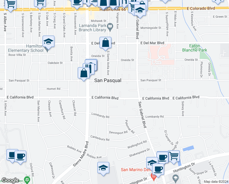 map of restaurants, bars, coffee shops, grocery stores, and more near 572 La Paz Drive in San Marino