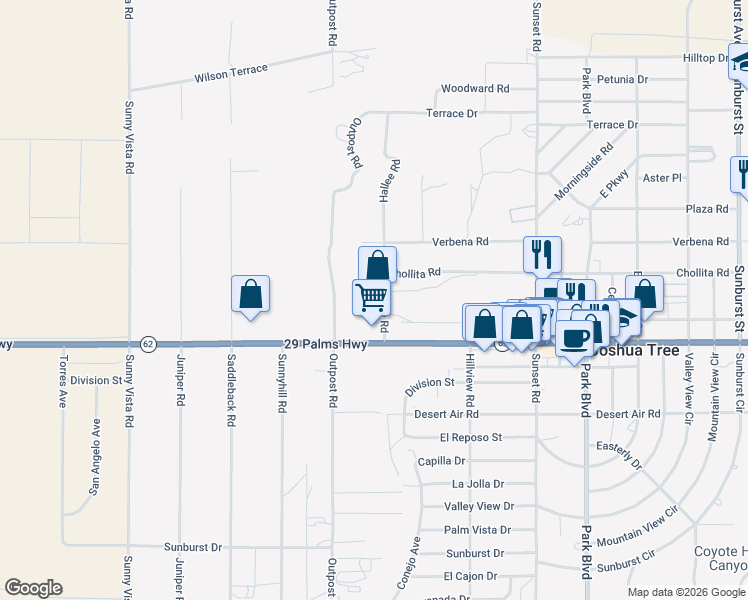 map of restaurants, bars, coffee shops, grocery stores, and more near 6416 Hallee Road in Joshua Tree
