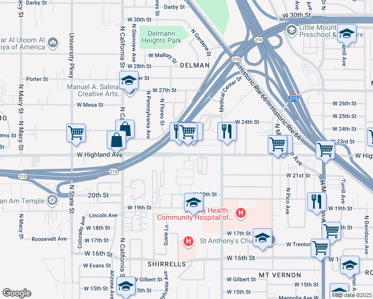 map of restaurants, bars, coffee shops, grocery stores, and more near 1700 West Highland Avenue in San Bernardino