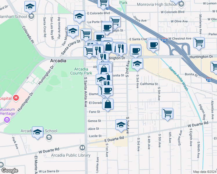 map of restaurants, bars, coffee shops, grocery stores, and more near 306 South 1st Avenue in Arcadia