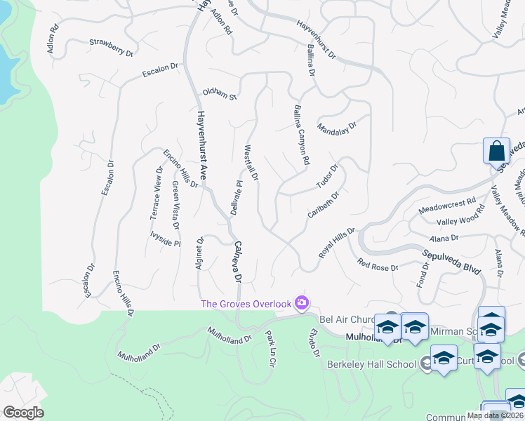 map of restaurants, bars, coffee shops, grocery stores, and more near 3610 Westfall Drive in Los Angeles