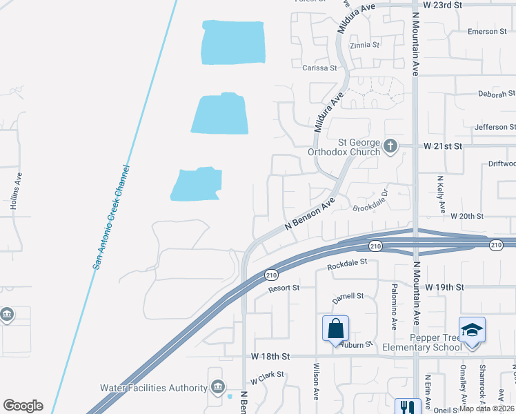 map of restaurants, bars, coffee shops, grocery stores, and more near 2022 Windemere Court in Upland