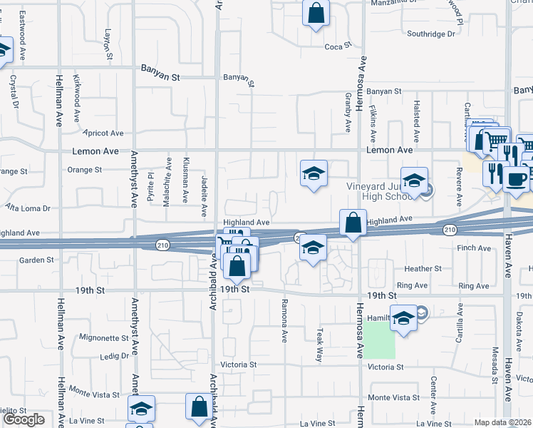 map of restaurants, bars, coffee shops, grocery stores, and more near 9805 Caldaro Street in Rancho Cucamonga