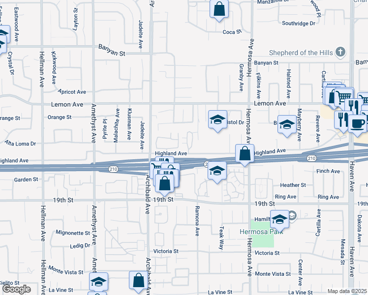 map of restaurants, bars, coffee shops, grocery stores, and more near 9805 Caldaro Street in Rancho Cucamonga