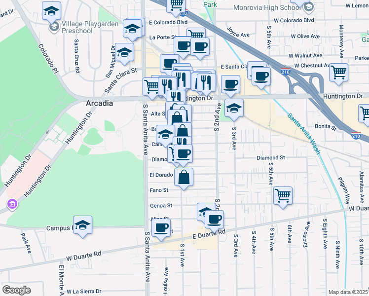 map of restaurants, bars, coffee shops, grocery stores, and more near 306 South 1st Avenue in Arcadia