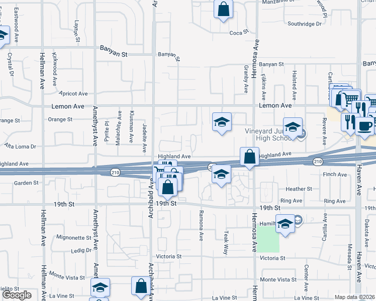 map of restaurants, bars, coffee shops, grocery stores, and more near 9872 Highland Avenue in Rancho Cucamonga