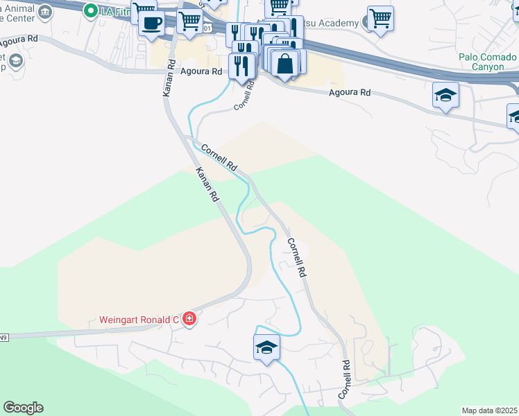 map of restaurants, bars, coffee shops, grocery stores, and more near 4351 Cornell Road in Agoura Hills