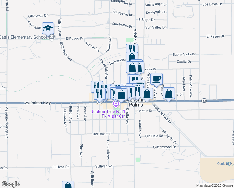 map of restaurants, bars, coffee shops, grocery stores, and more near 6432 Smoketree Avenue in Twentynine Palms