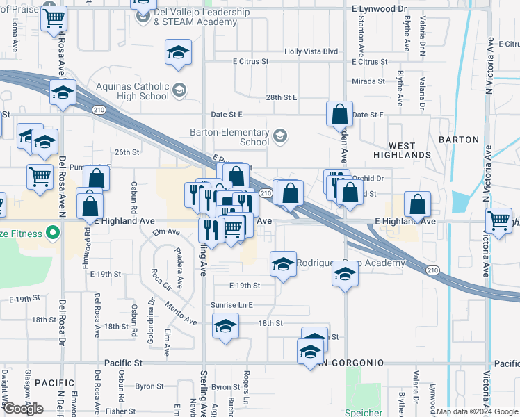 map of restaurants, bars, coffee shops, grocery stores, and more near Martin A. Matich Highway in San Bernardino