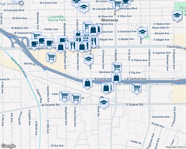 map of restaurants, bars, coffee shops, grocery stores, and more near 1328 South Magnolia Avenue in Monrovia