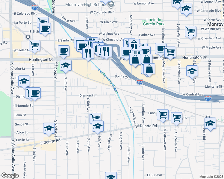 map of restaurants, bars, coffee shops, grocery stores, and more near 1408 Encino Avenue in Monrovia