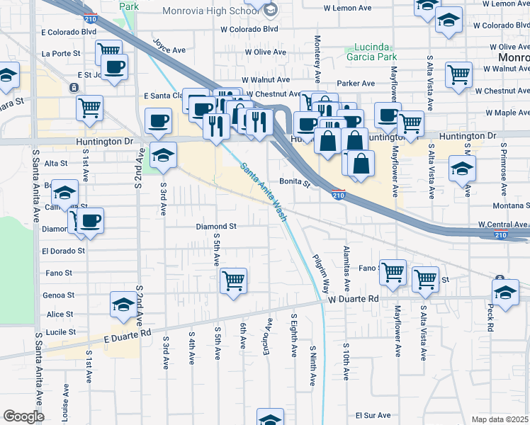 map of restaurants, bars, coffee shops, grocery stores, and more near 1408 Encino Avenue in Monrovia