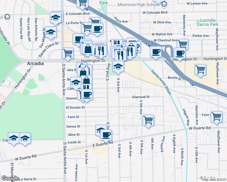 map of restaurants, bars, coffee shops, grocery stores, and more near 219 California Street in Arcadia