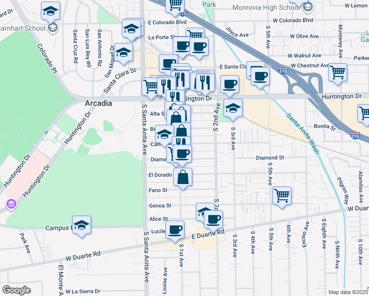 map of restaurants, bars, coffee shops, grocery stores, and more near 117 California Street in Arcadia