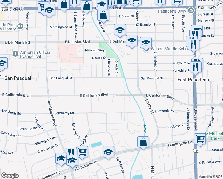 map of restaurants, bars, coffee shops, grocery stores, and more near 3110 San Pasqual Street in Pasadena