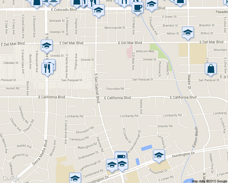 map of restaurants, bars, coffee shops, grocery stores, and more near 2825 Thorndike Road in Pasadena