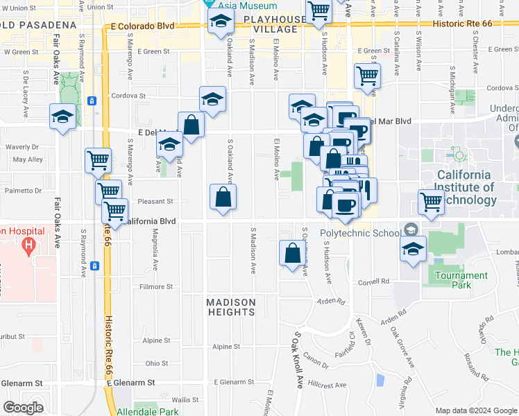 map of restaurants, bars, coffee shops, grocery stores, and more near 507 South Madison Avenue in Pasadena