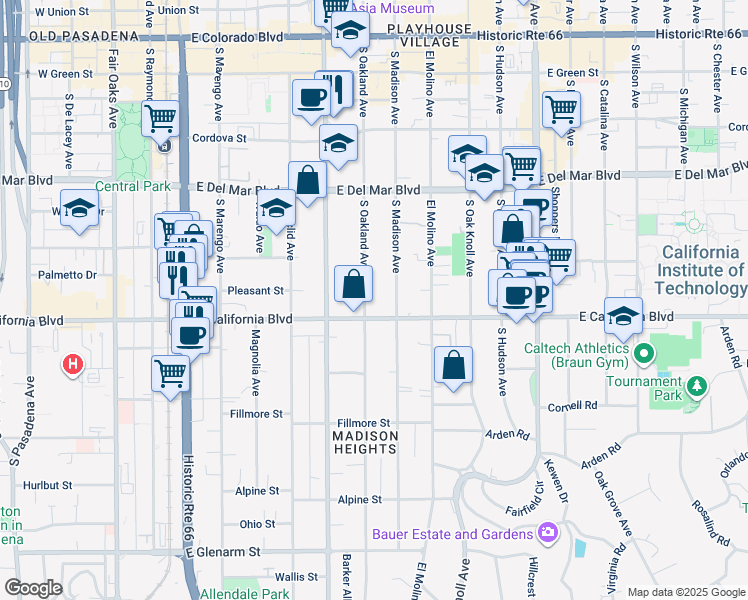 map of restaurants, bars, coffee shops, grocery stores, and more near 515 South Oakland Avenue in Pasadena