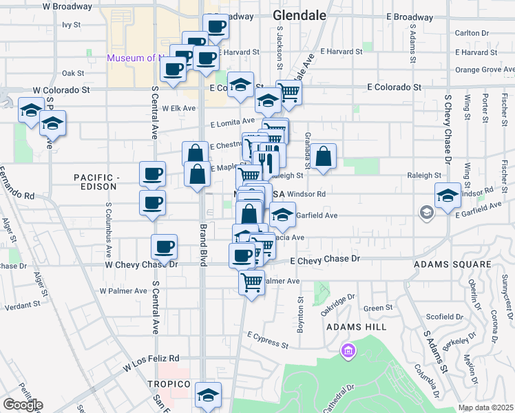 map of restaurants, bars, coffee shops, grocery stores, and more near 803 South Glendale Avenue in Glendale
