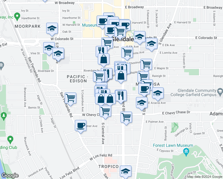 map of restaurants, bars, coffee shops, grocery stores, and more near 211 West Windsor Road in Glendale