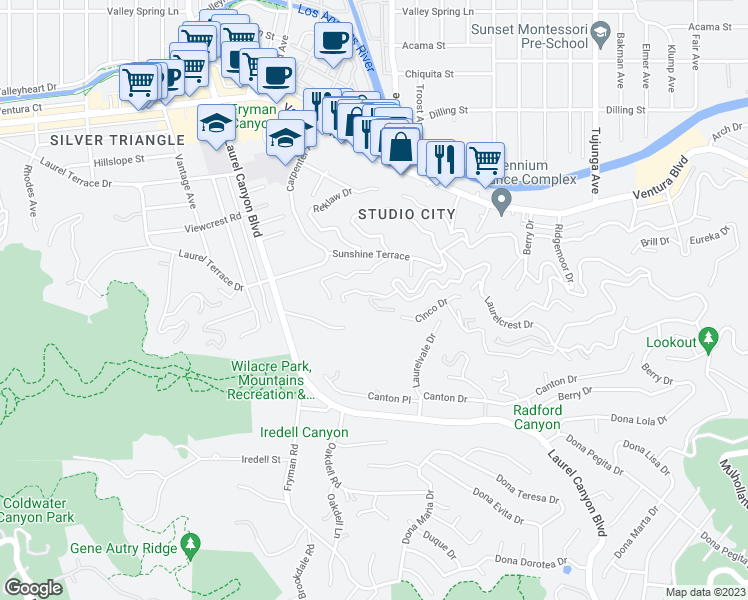 map of restaurants, bars, coffee shops, grocery stores, and more near 11765 Laurelcrest Drive in Los Angeles