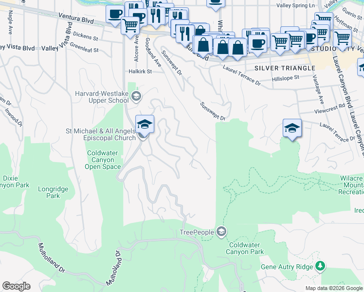 map of restaurants, bars, coffee shops, grocery stores, and more near 3669 Avenida Del Sol in Los Angeles