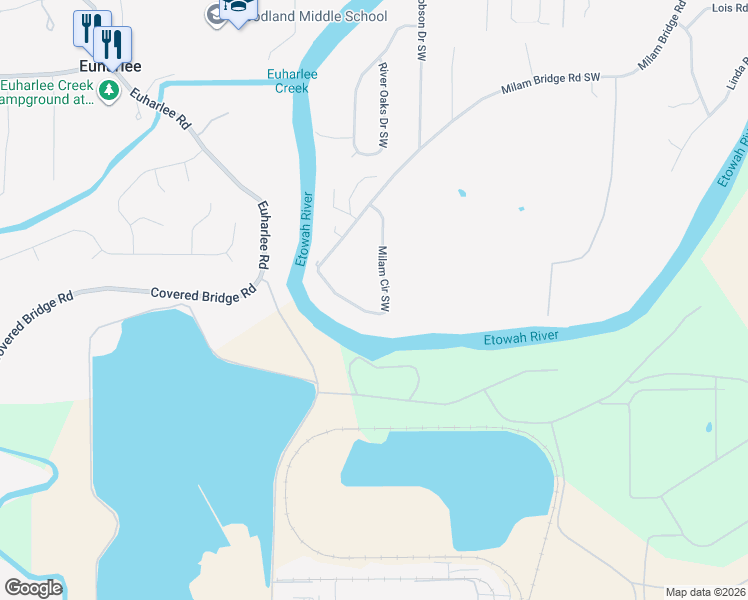 map of restaurants, bars, coffee shops, grocery stores, and more near 25 Milam Circle Southwest in Cartersville