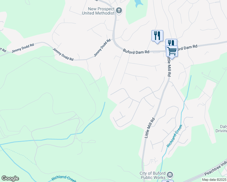map of restaurants, bars, coffee shops, grocery stores, and more near 5763 Dexter's Mill Place in Buford