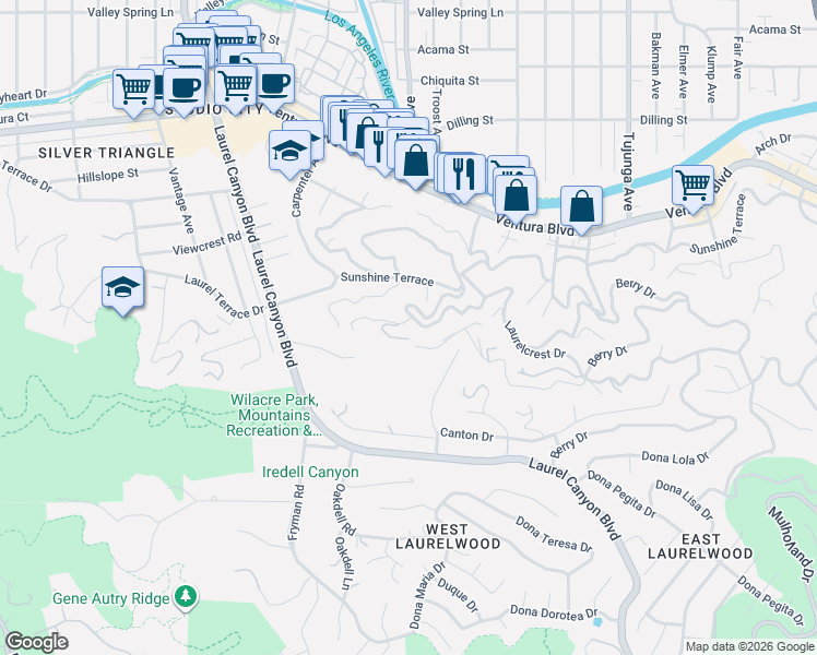 map of restaurants, bars, coffee shops, grocery stores, and more near 11720 Laurelcrest Drive in Los Angeles
