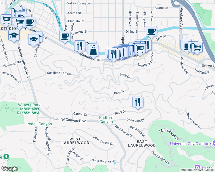 map of restaurants, bars, coffee shops, grocery stores, and more near 11441 Decente Drive in Los Angeles