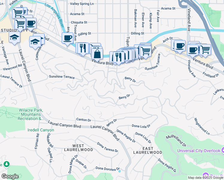 map of restaurants, bars, coffee shops, grocery stores, and more near 11441 Decente Drive in Los Angeles
