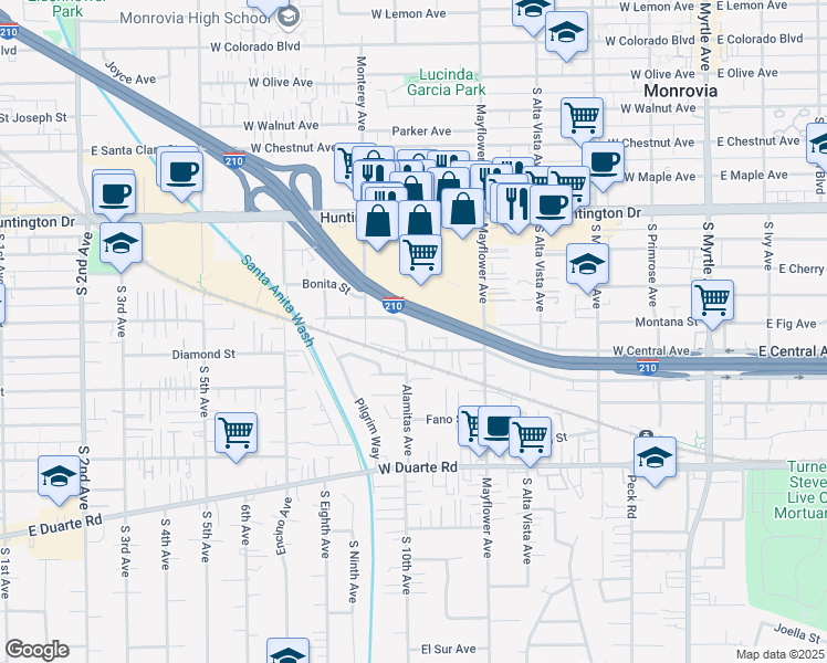 map of restaurants, bars, coffee shops, grocery stores, and more near 1408 Alamitas Avenue in Monrovia