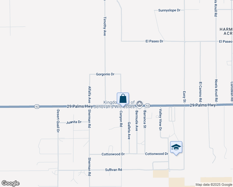 map of restaurants, bars, coffee shops, grocery stores, and more near 6424 Canyon Road in Twentynine Palms