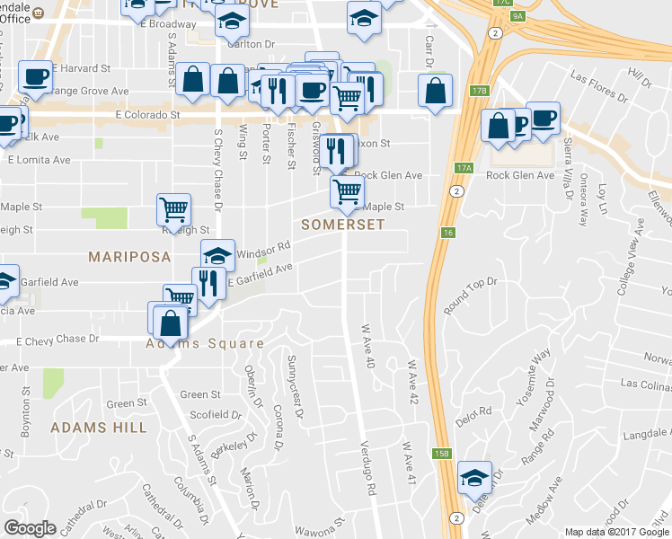 map of restaurants, bars, coffee shops, grocery stores, and more near 1384 East Garfield Avenue in Glendale