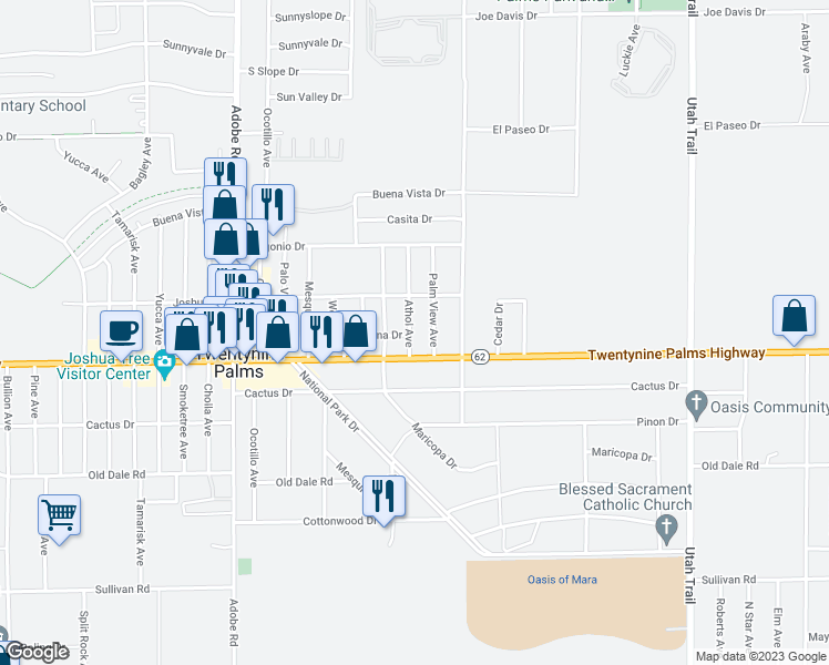 map of restaurants, bars, coffee shops, grocery stores, and more near 6455 Athol Avenue in Twentynine Palms