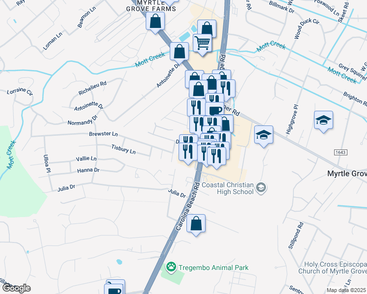 map of restaurants, bars, coffee shops, grocery stores, and more near 5610 Carolina Beach Road in Wilmington