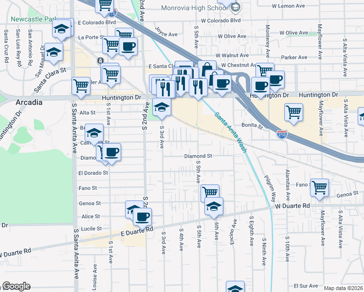 map of restaurants, bars, coffee shops, grocery stores, and more near 406 California Street in Arcadia