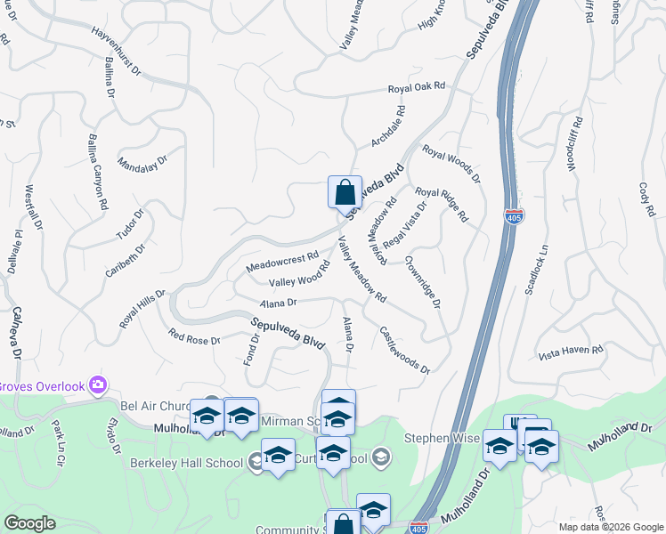 map of restaurants, bars, coffee shops, grocery stores, and more near 15936 Valley Wood Road in Los Angeles