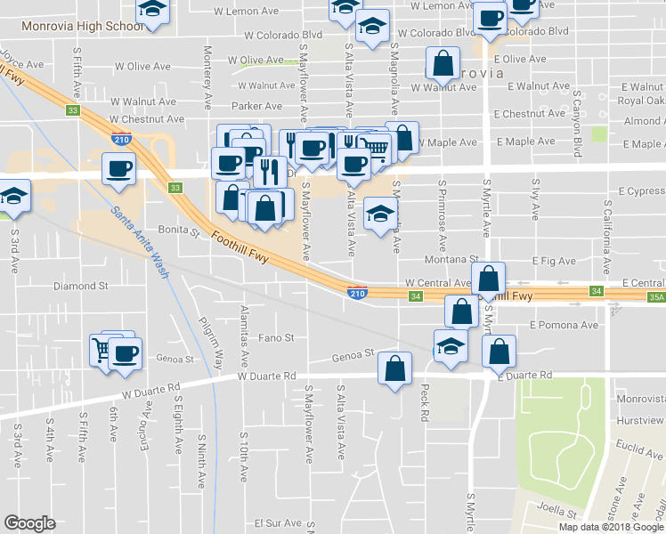 map of restaurants, bars, coffee shops, grocery stores, and more near 420 Montana Street in Monrovia