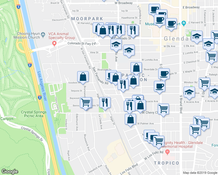 map of restaurants, bars, coffee shops, grocery stores, and more near 4667 San Fernando Road in Glendale