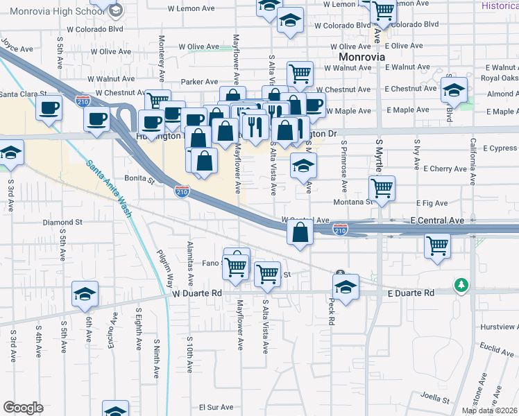 map of restaurants, bars, coffee shops, grocery stores, and more near 420 Montana Street in Monrovia
