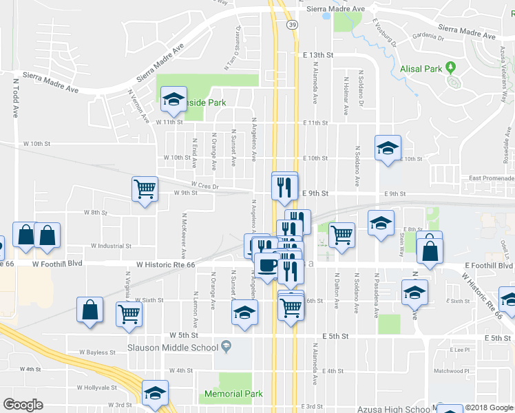 map of restaurants, bars, coffee shops, grocery stores, and more near 828 North Angeleno Avenue in Azusa